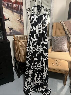 Elan Black and White Palm-Print Swim Coverup Maxi